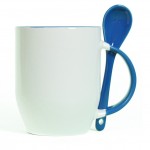 500605- WHITE/BLUE SUBLIMATION BLANK CERAMIC COFFEE MUG WITH SPOON